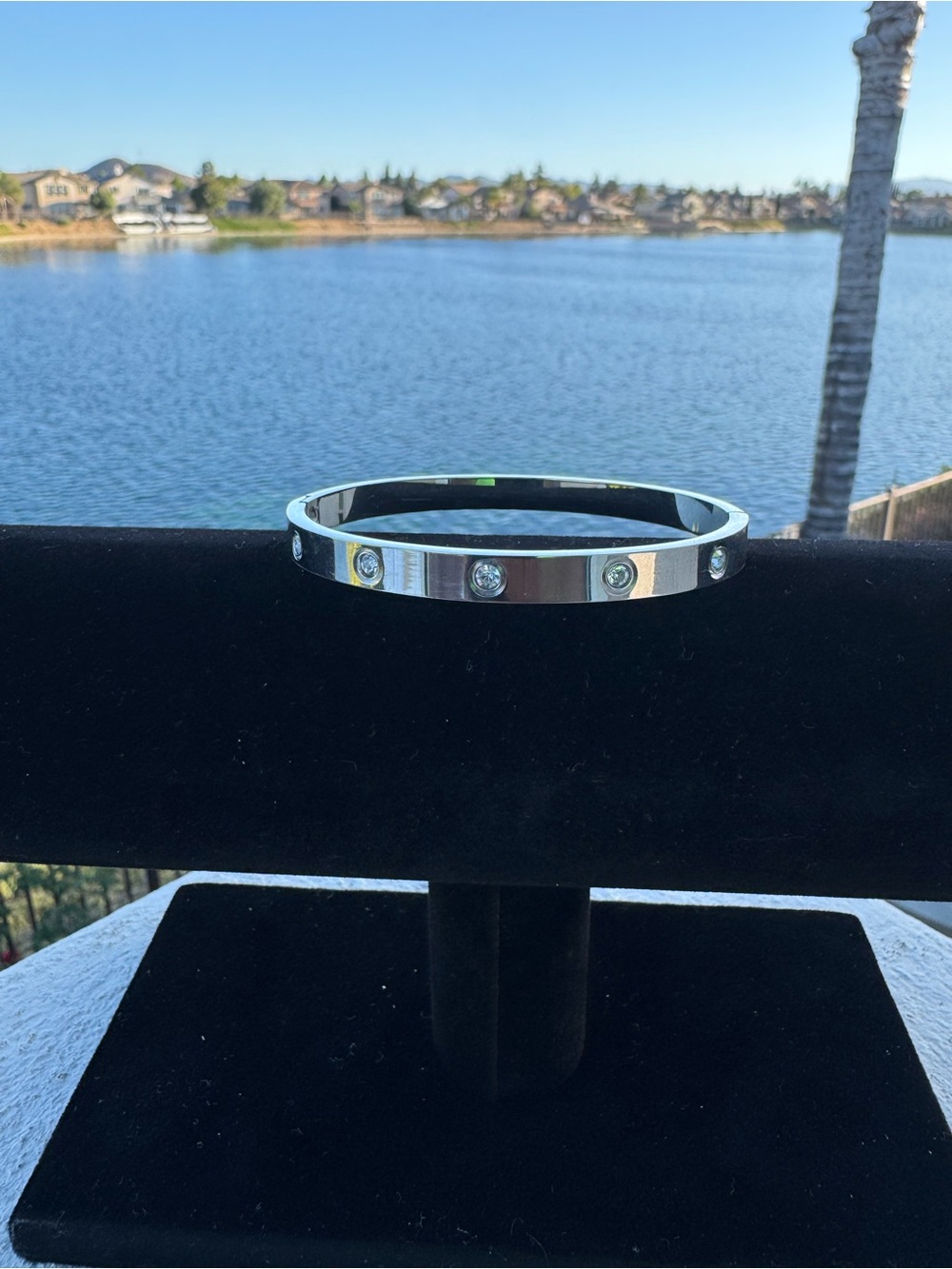 Silver Tone Love Bangle Bracelet with Zirconia Accents